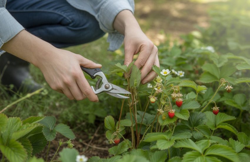 Hands wearing gloves pruning wild strawberry plants with small pruning shears in a garden.
