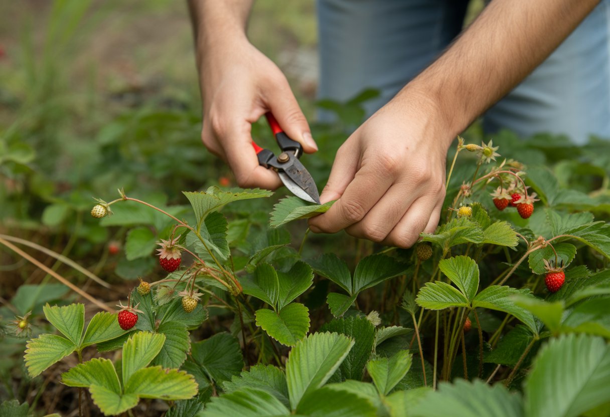 Close-up of hands pruning wild strawberry plants with small pruning shears in a garden.