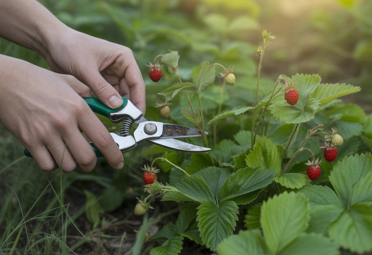Hands pruning wild strawberry plants with ripe strawberries and green leaves in a garden.