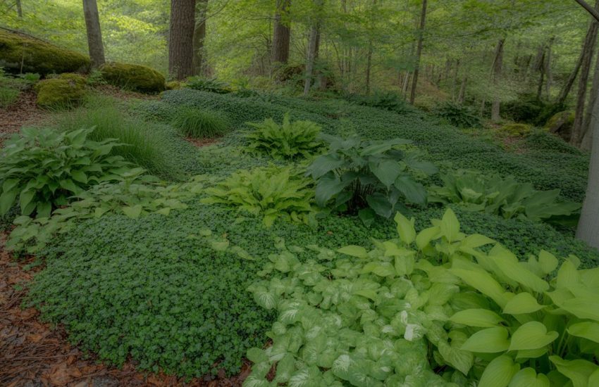 A shaded forest floor in New Hampshire covered with green ground cover plants beneath tall trees.