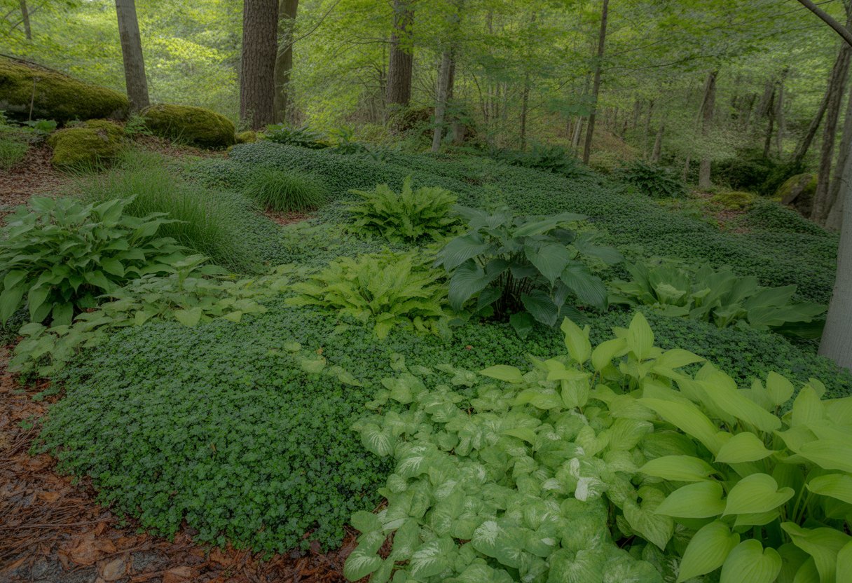 A shaded forest floor in New Hampshire covered with green ground cover plants beneath tall trees.