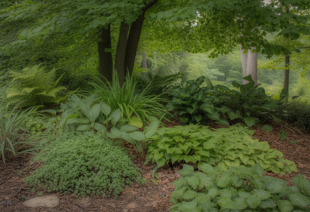 A shaded garden area in New Hampshire with green ground cover plants like ferns and hostas growing under tall trees.