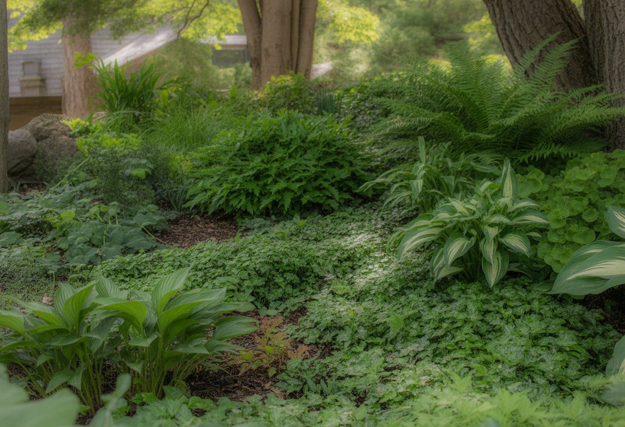A shaded garden area in New Hampshire with various green ground cover plants growing under tall trees.