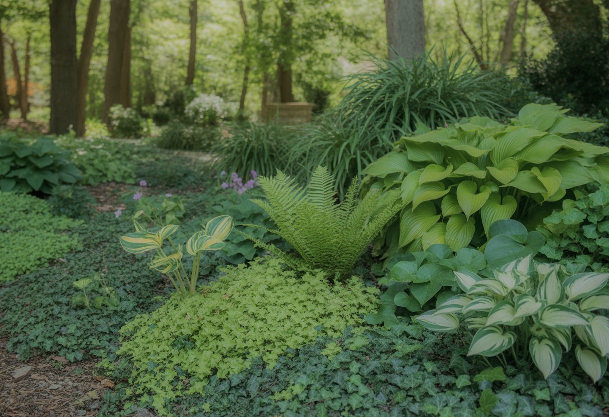 A shaded garden area in New Hampshire filled with various green ground cover plants including hostas, ferns, and ivy beneath tall trees.