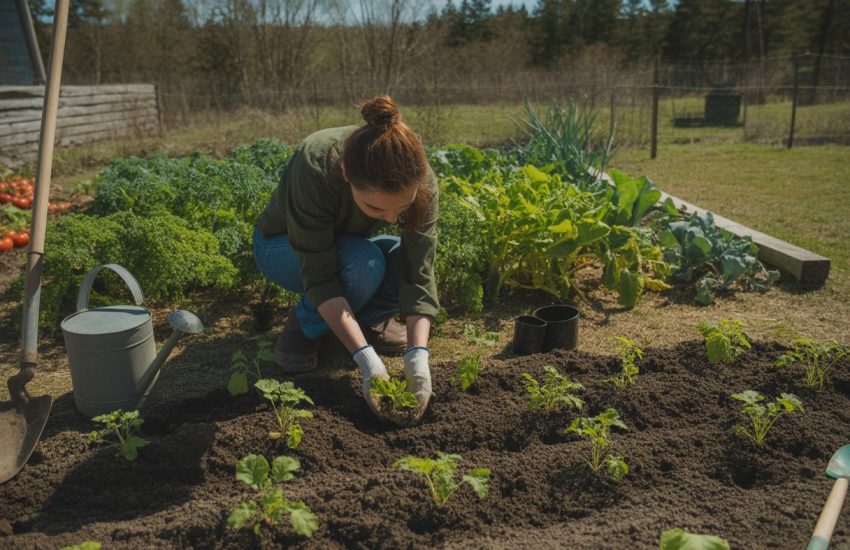 Hands planting vegetable seedlings in a garden bed with gardening tools and green plants in the background.