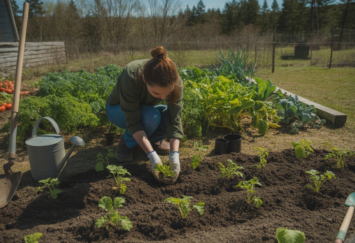Hands planting vegetable seedlings in a garden bed with gardening tools and green plants in the background.