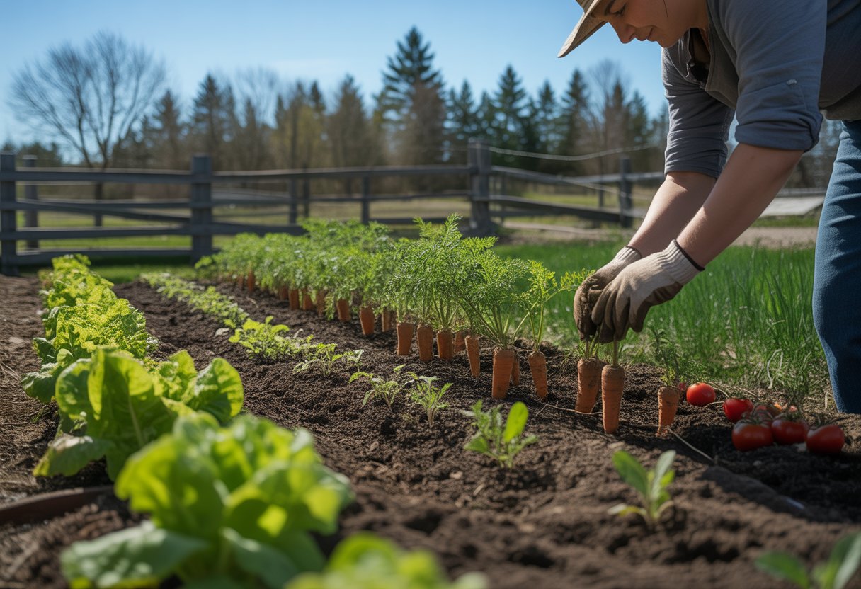 A gardener tending to young vegetable plants growing in rows in a garden with pine trees and a wooden fence in the background.