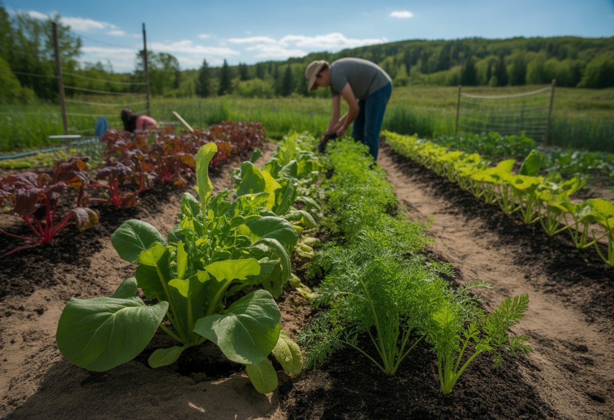 A person planting vegetables in a lush garden with rows of healthy plants under a clear sky.