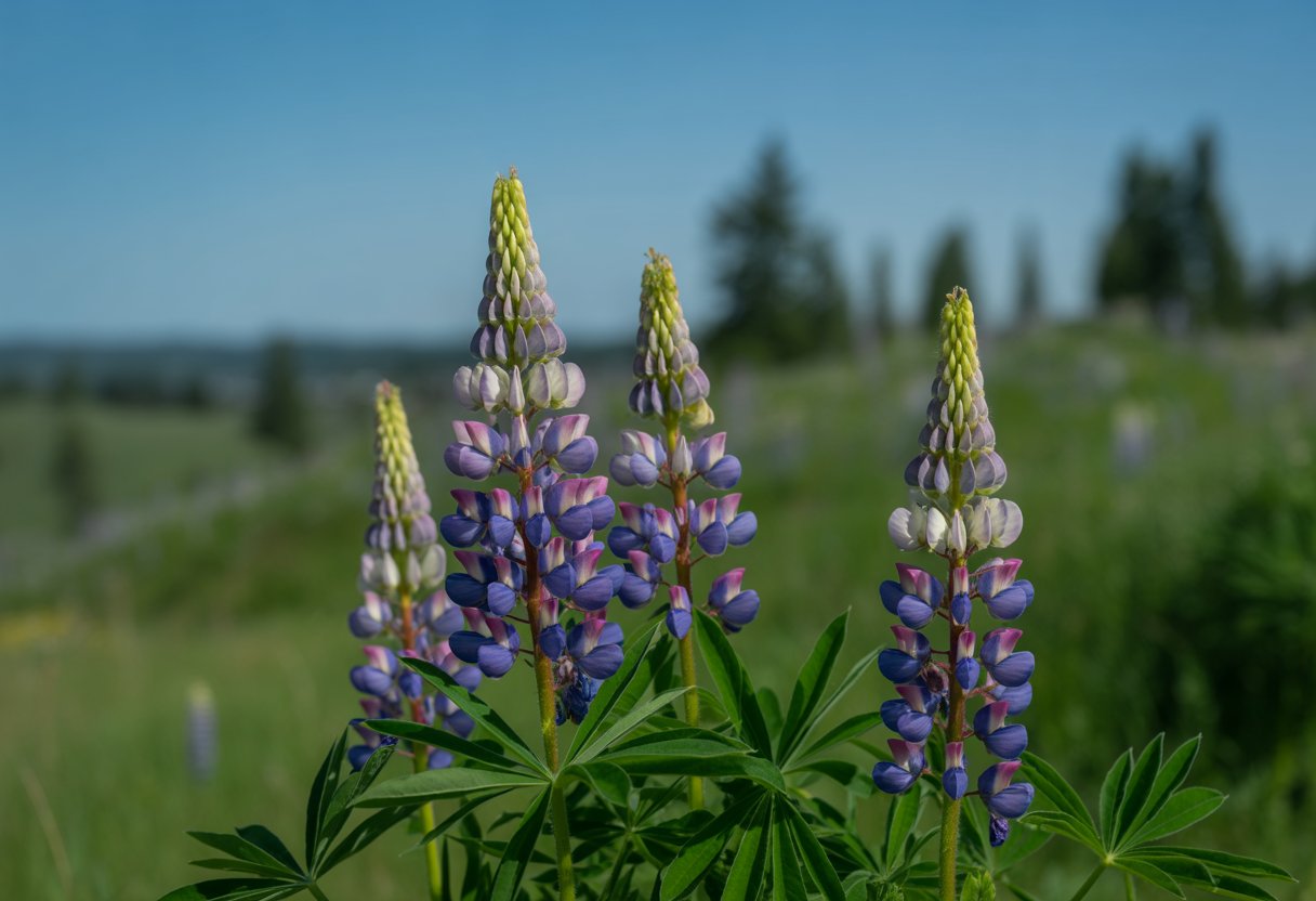Native Lupine for Washington: Ideal Planting and Growth Guide - PlantNative.org A cluster of purple and blue lupine flowers growing outdoors with green leaves and trees in the background.