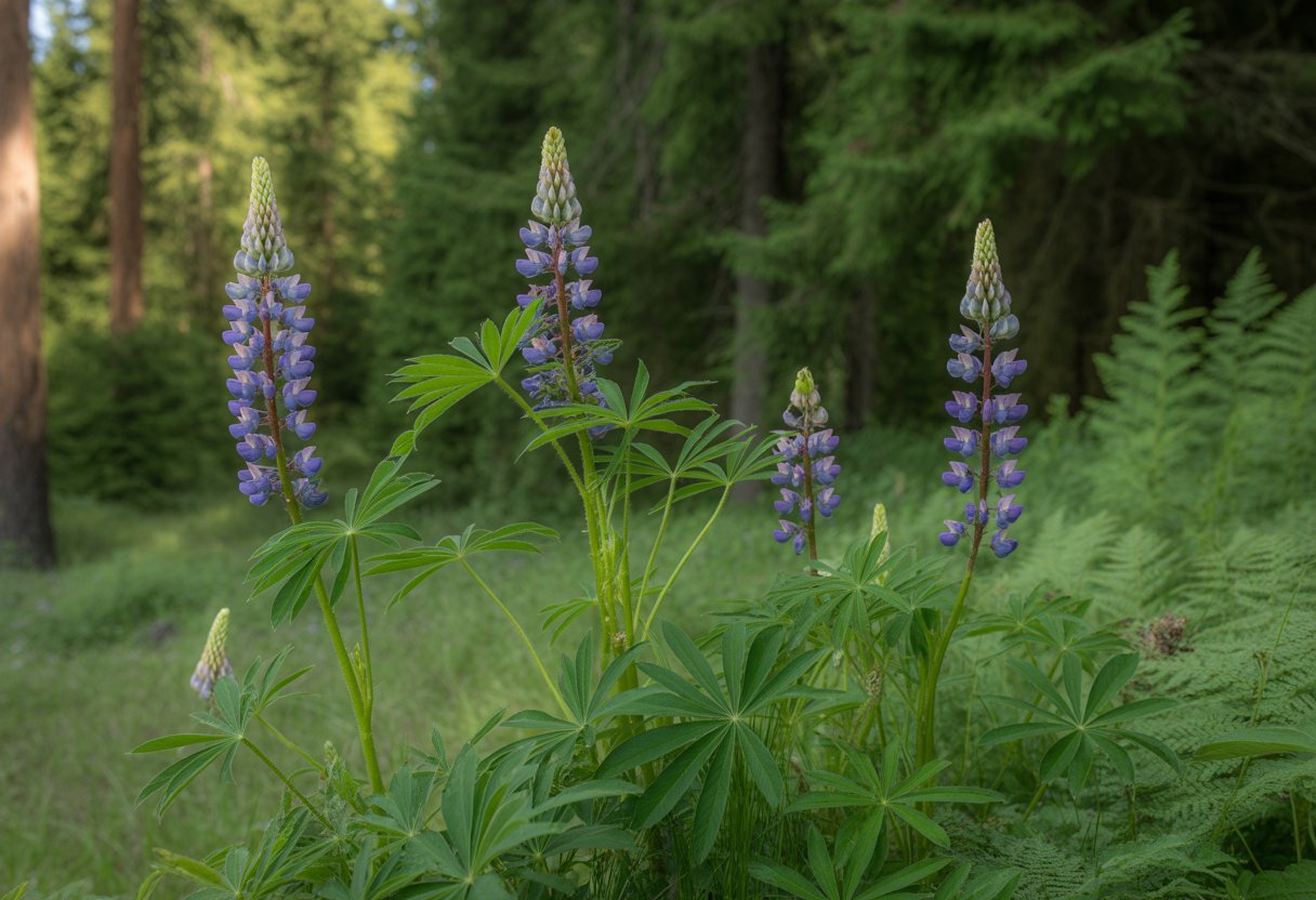 Native Lupine for Washington: Ideal Planting and Growth Guide - PlantNative.org Purple lupine flowers growing in a forested area with green trees and plants in Washington.