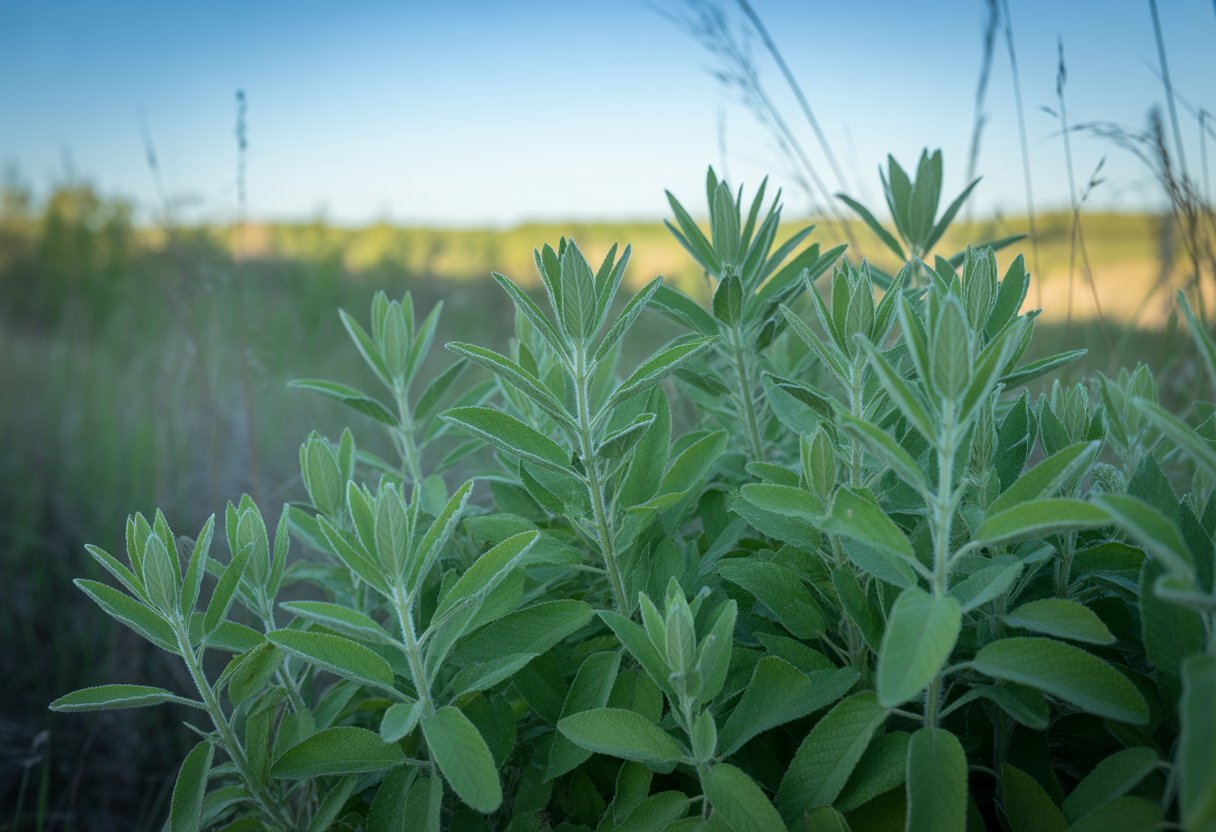Native Sage for Minnesota: Ideal Varieties and Growing Tips for Local Gardens - PlantNative.org Close-up of native sage plants growing in a natural Minnesota prairie setting with green leaves and a clear sky background.