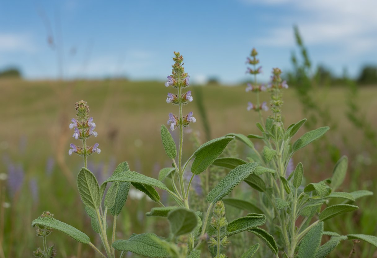 Native Sage for Minnesota: Ideal Varieties and Growing Tips for Local Gardens - PlantNative.org Close-up of native sage plants growing in a Minnesota prairie with grasses and wildflowers in the background.