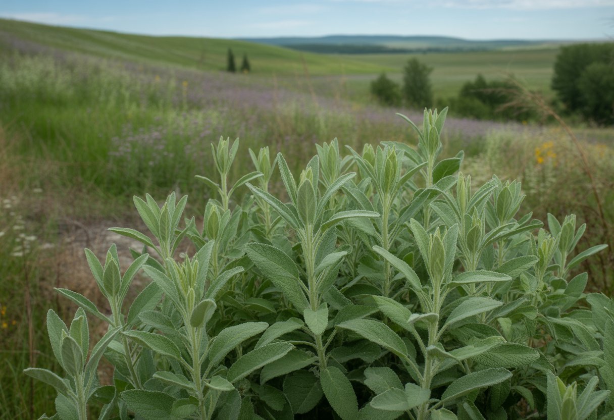 Native Sage for Minnesota: Ideal Varieties and Growing Tips for Local Gardens - PlantNative.org Native sage plants growing in a Minnesota prairie landscape with green bushes, wildflowers, and a clear blue sky.