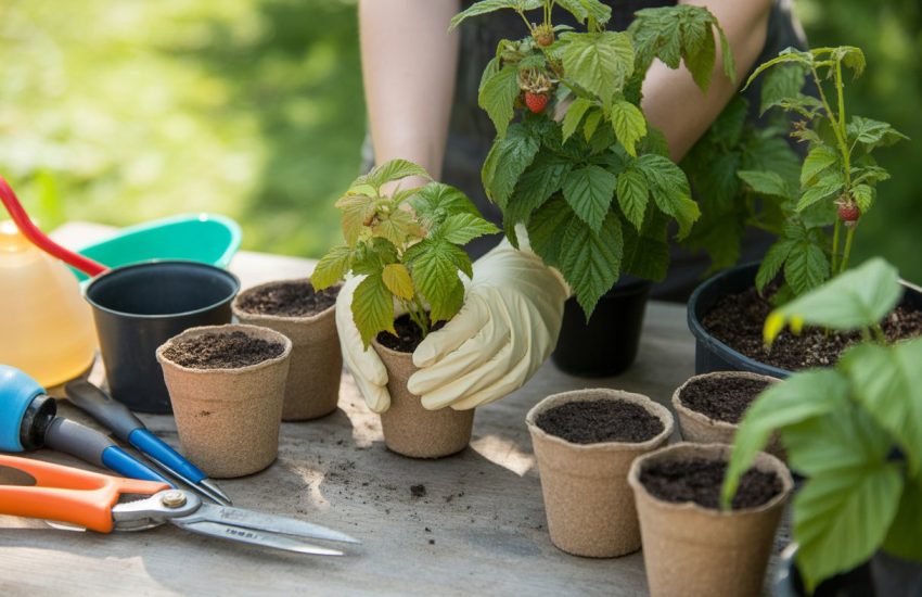 Hands placing raspberry plant cuttings into pots filled with soil surrounded by gardening tools in a garden setting.