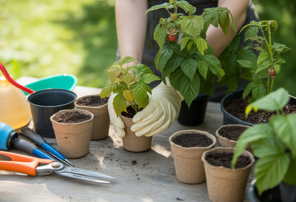 Hands placing raspberry plant cuttings into pots filled with soil surrounded by gardening tools in a garden setting.