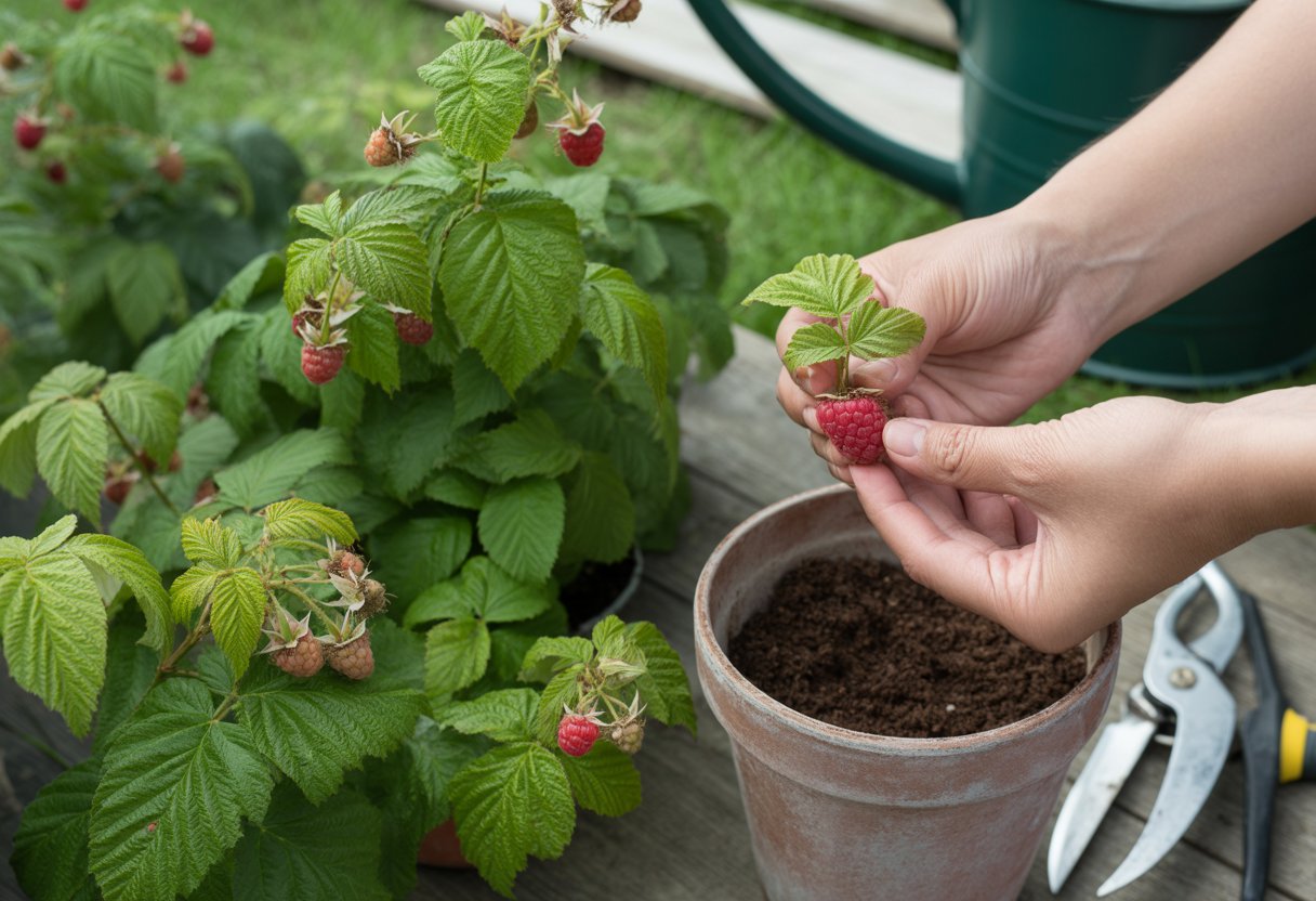 Hands holding a native raspberry cutting next to a pot of soil with healthy raspberry bushes and ripe red berries in a sunny garden.