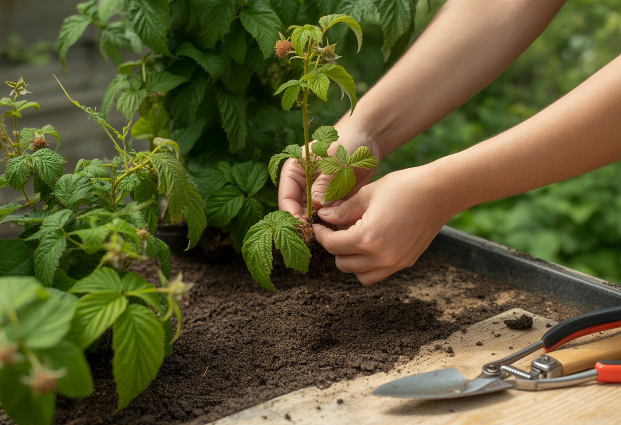 Hands propagating a native raspberry plant in a garden with green leaves and gardening tools nearby.
