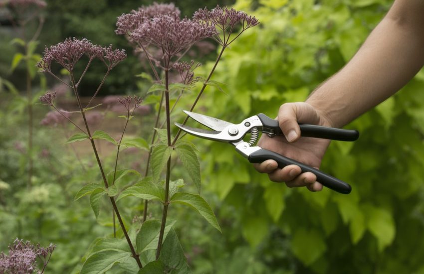 Hands pruning purple Joe Pye Weed flowers in a garden using pruning shears.