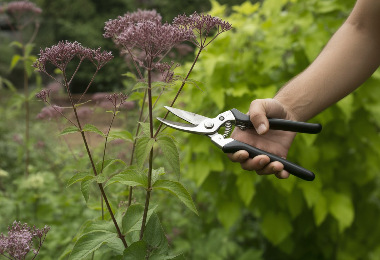 Hands pruning purple Joe Pye Weed flowers in a garden using pruning shears.