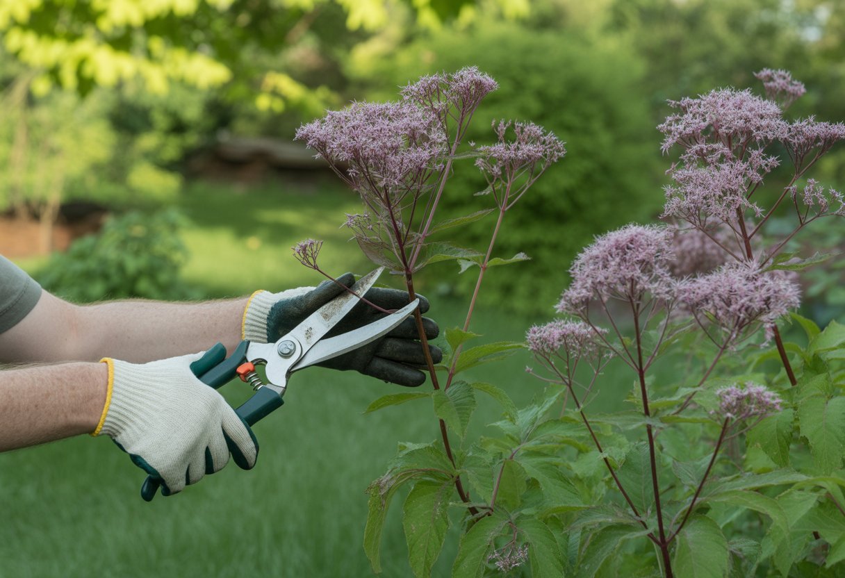 Hands pruning purple-flowered Joe Pye weed plants in a garden with green foliage.