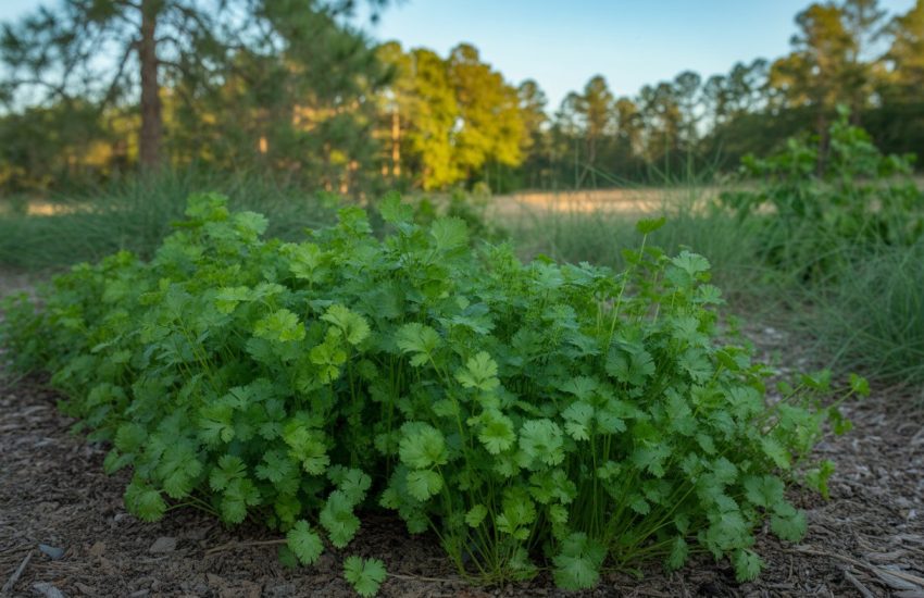 A garden in Alabama with healthy green cilantro plants growing in soil surrounded by native vegetation.