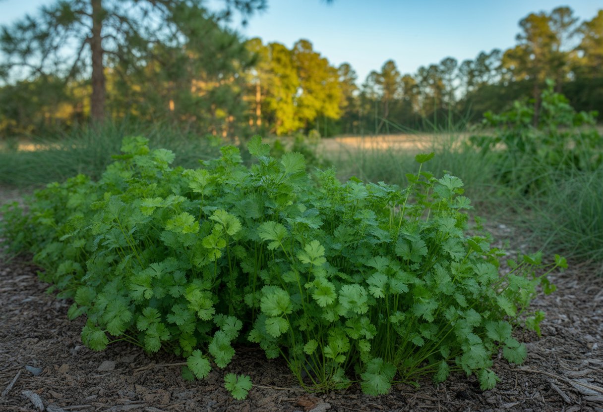 A garden in Alabama with healthy green cilantro plants growing in soil surrounded by native vegetation.
