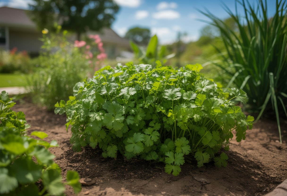A garden with healthy native cilantro plants growing in rich soil under sunlight, surrounded by other plants and a clear sky in the background.