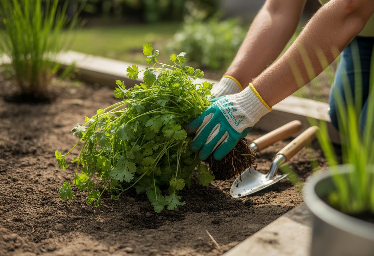 Person planting native cilantro seedlings in a garden bed with rich soil and surrounding plants.