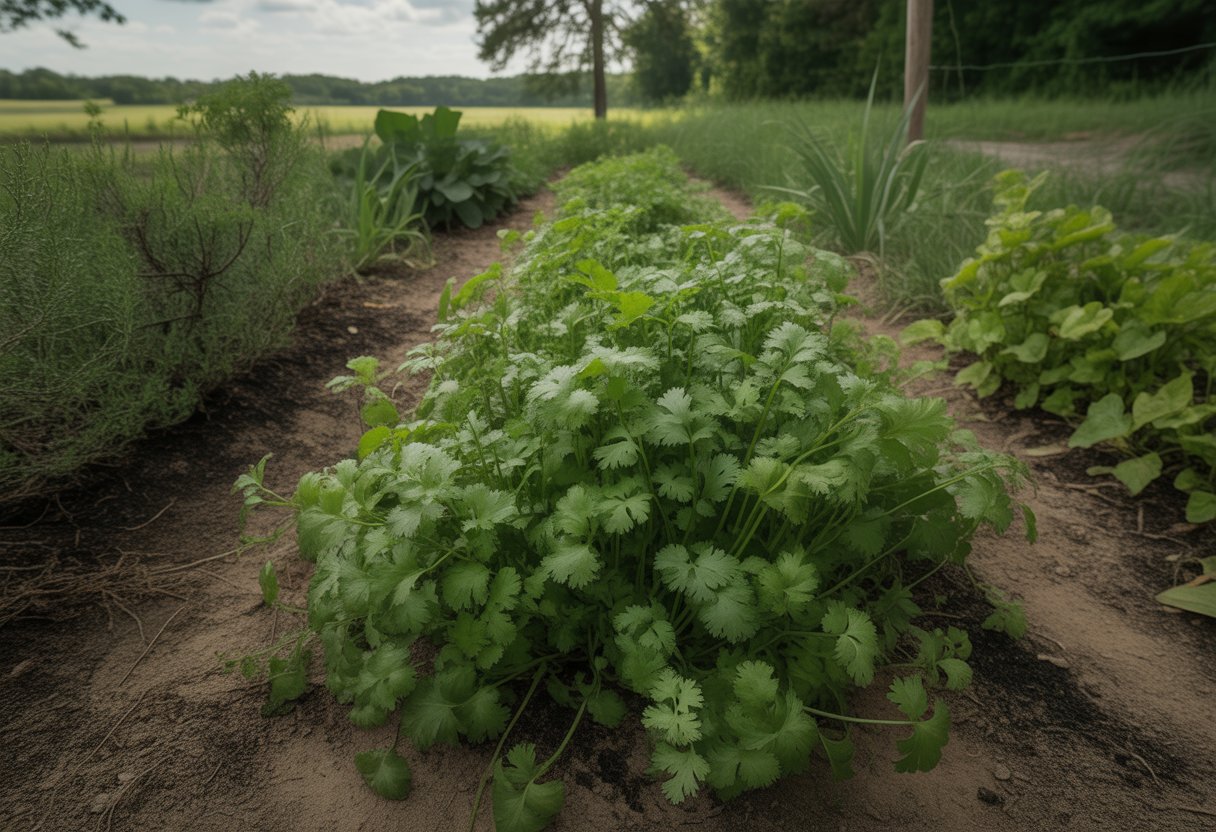A garden bed filled with healthy green cilantro plants growing outdoors in a natural Alabama landscape.