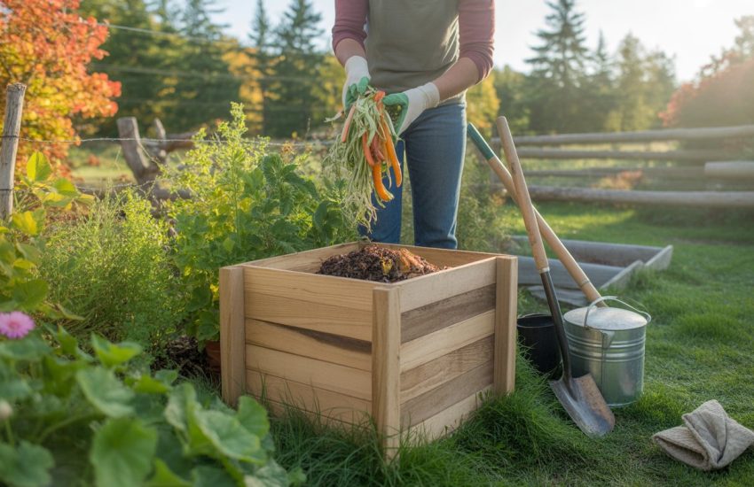 A gardener adding kitchen scraps to a compost bin in a lush garden surrounded by plants and pine trees.