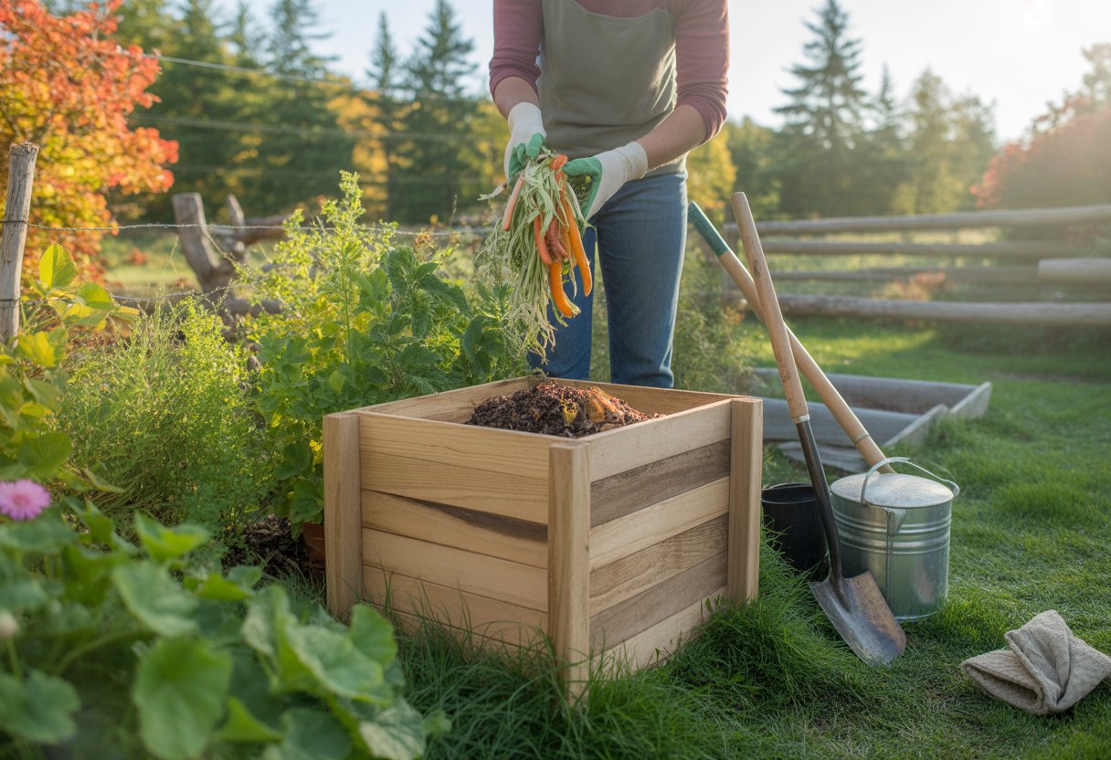 A gardener adding kitchen scraps to a compost bin in a lush garden surrounded by plants and pine trees.