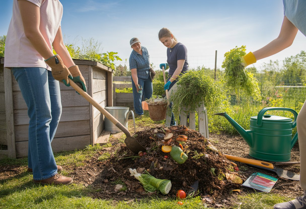 Gardeners working with a compost bin in a lush Maine garden surrounded by plants and gardening tools.