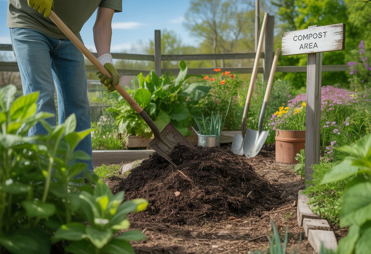 A gardener turning a compost pile with a pitchfork in a lush home garden surrounded by green plants and garden tools.