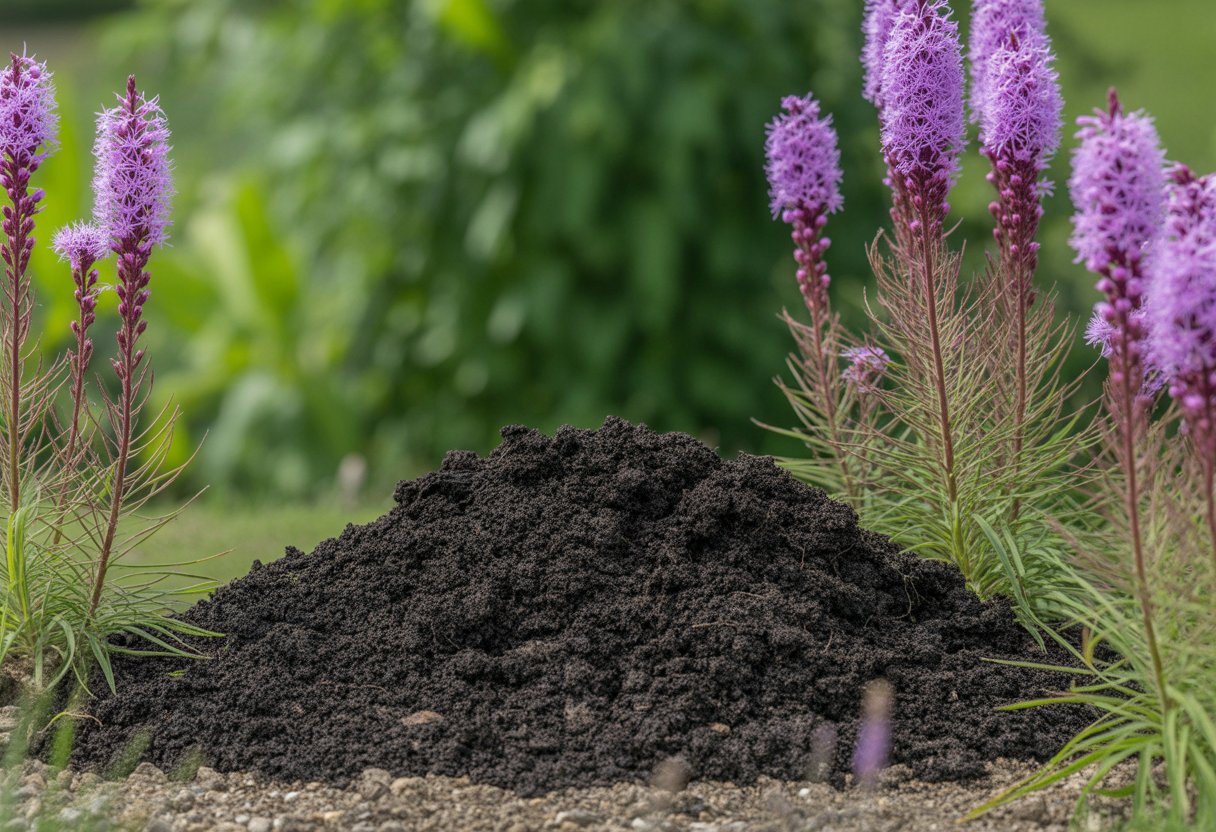 Close-up of rich, dark soil with healthy blazing star plants featuring purple flower spikes growing outdoors.