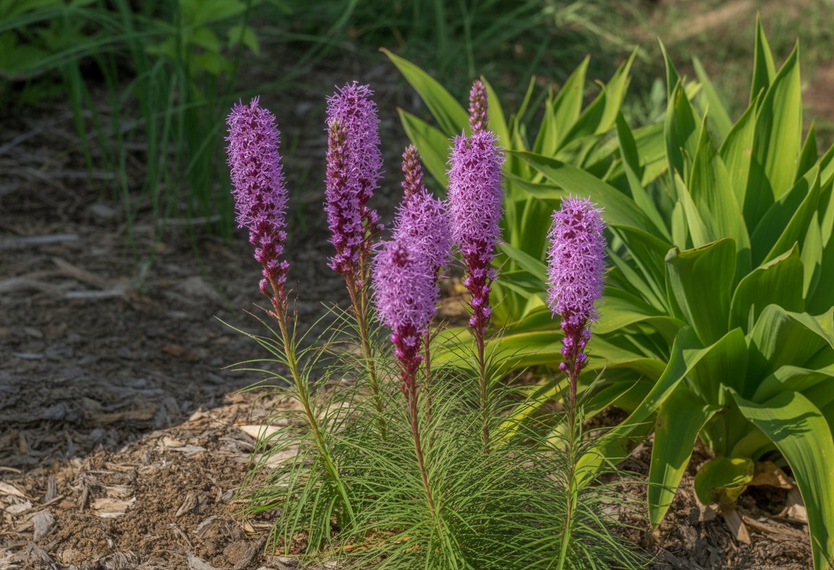 Close-up of healthy purple blazing star flowers growing in rich soil with green leaves around them.