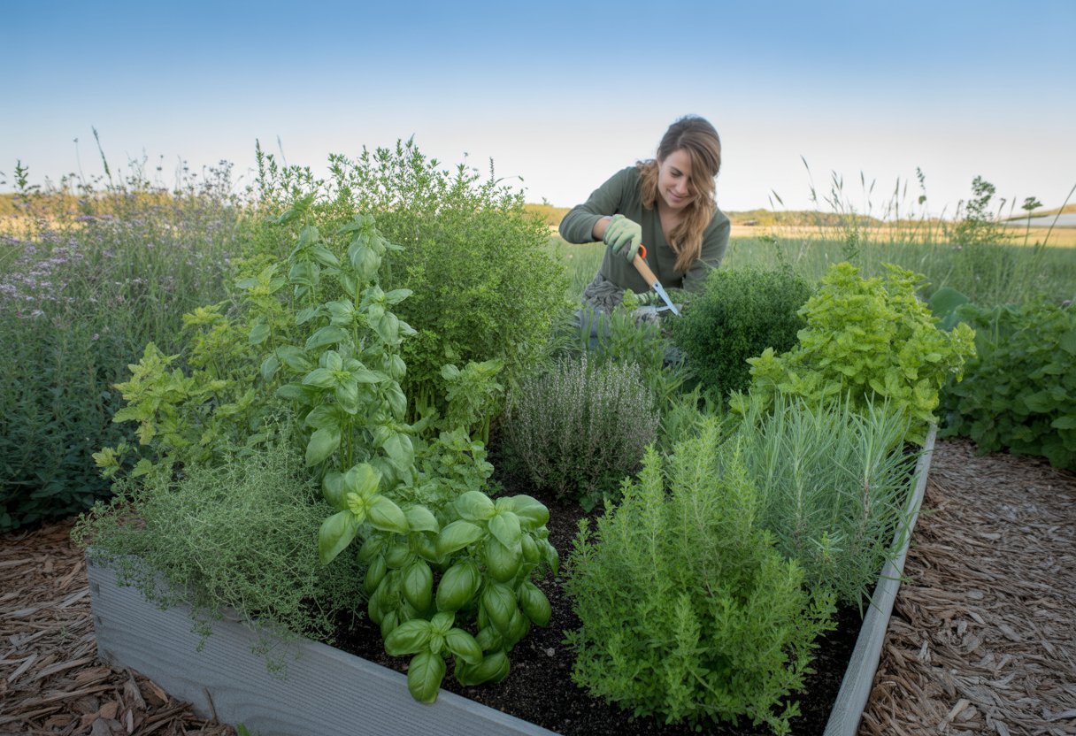 Herb Gardening Tips for South Dakota: Essential Advice for Thriving Local Herbs - PlantNative.org A person tending to a vibrant herb garden with raised wooden beds and native prairie plants in the background under a clear blue sky.
