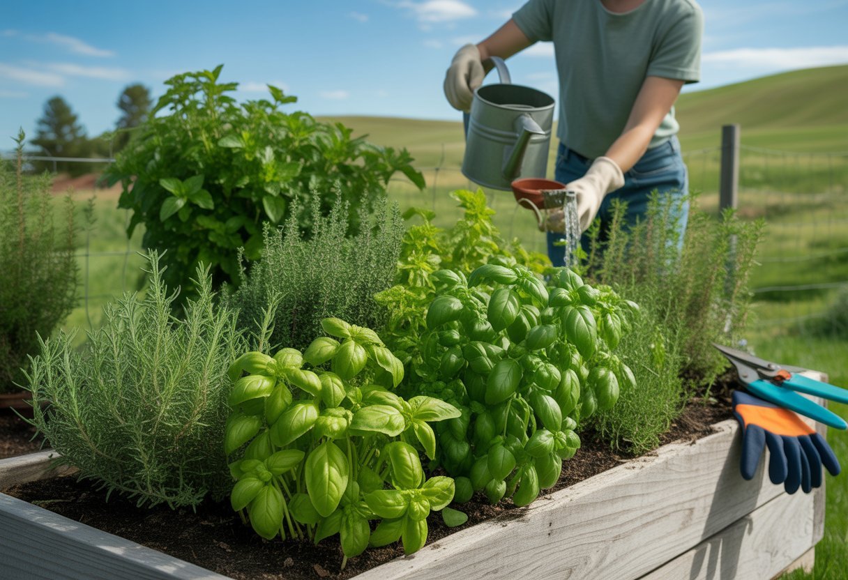 Herb Gardening Tips for South Dakota: Essential Advice for Thriving Local Herbs - PlantNative.org A person tending to a flourishing herb garden with various herbs growing in raised beds under a clear sky and rolling hills.