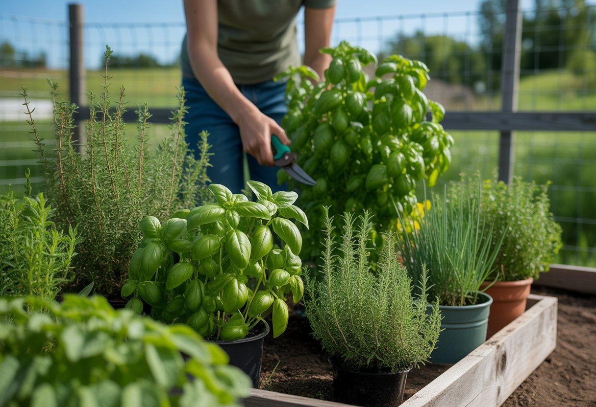Herb Gardening Tips for South Dakota: Essential Advice for Thriving Local Herbs - PlantNative.org A gardener tending to a variety of healthy herb plants growing in raised beds and pots in a sunny outdoor garden.