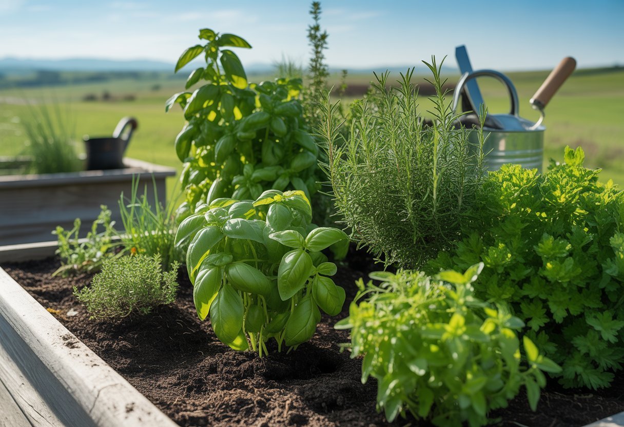 Herb Gardening Tips for South Dakota: Essential Advice for Thriving Local Herbs - PlantNative.org A vibrant outdoor herb garden with various healthy green herbs growing in raised beds under a clear blue sky and rolling plains in the background.