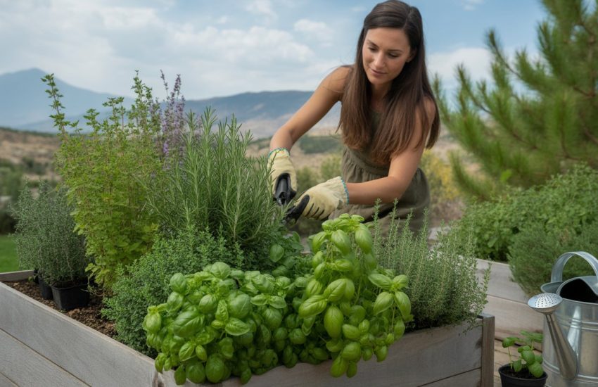 A woman tending to a healthy herb garden with mountains in the background on a sunny day.