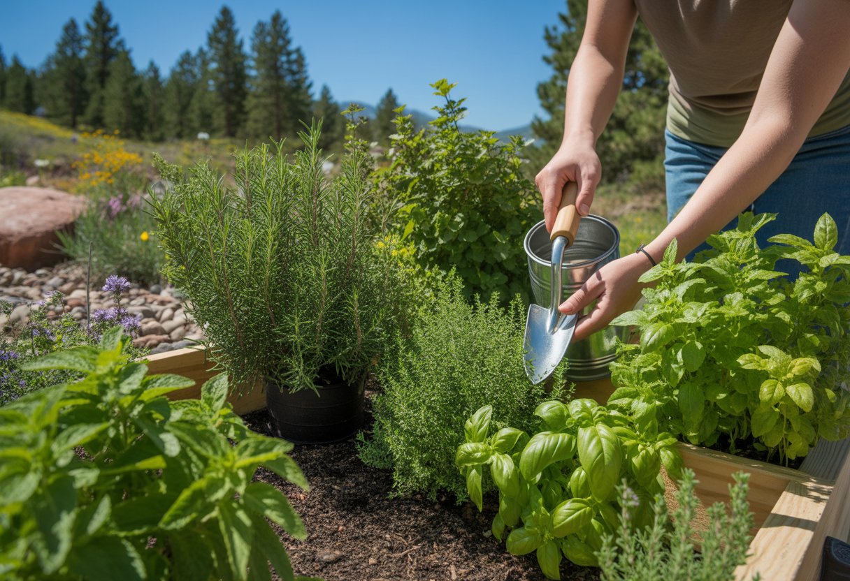 A person tending to a healthy herb garden with various green herbs growing in raised wooden beds outdoors with pine trees and a clear sky in the background.