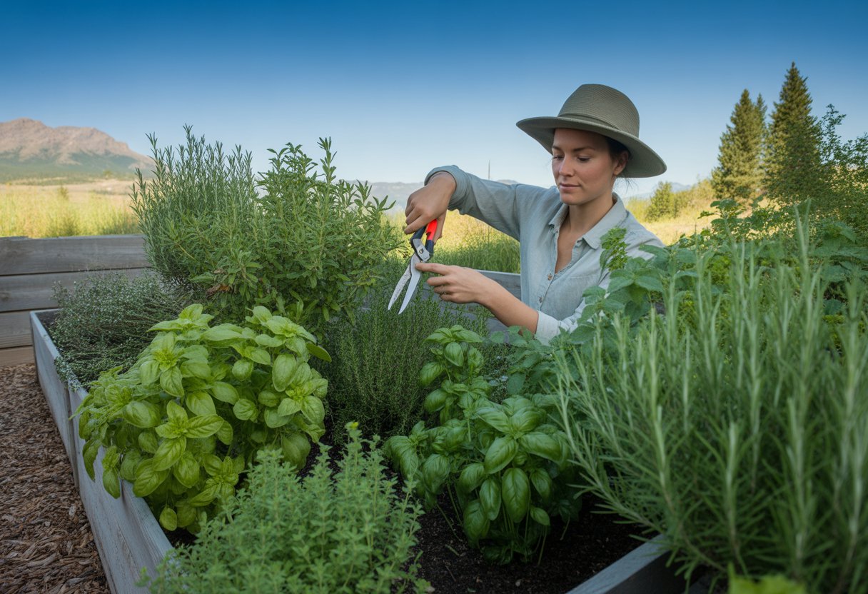 A gardener harvesting fresh herbs in a lush outdoor herb garden with mountains in the background.