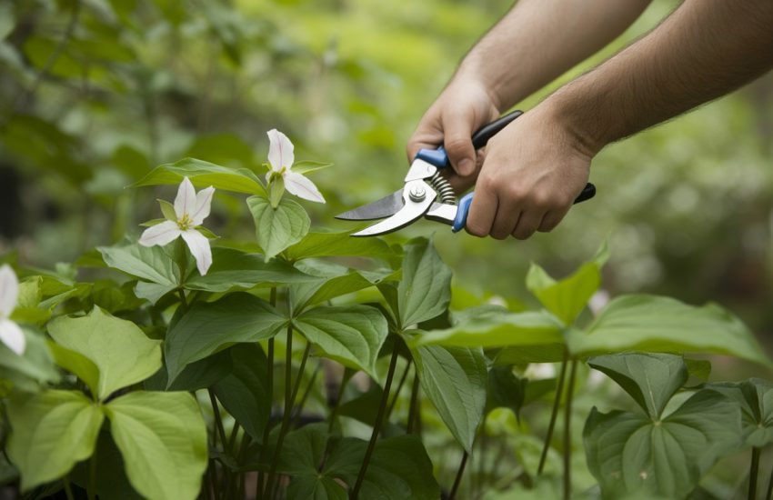 Close-up of hands pruning a trillium plant with white flowers and green leaves in a garden.