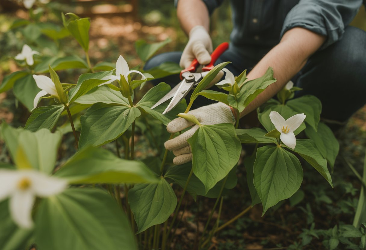 How to Prune Trillium for Healthy Growth and Blooming Success - PlantNative.org Close-up of hands pruning a white trillium plant with green leaves in a garden.