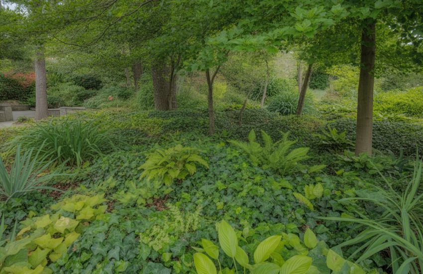 A shaded garden area in North Carolina covered with various green ground cover plants beneath tall trees.