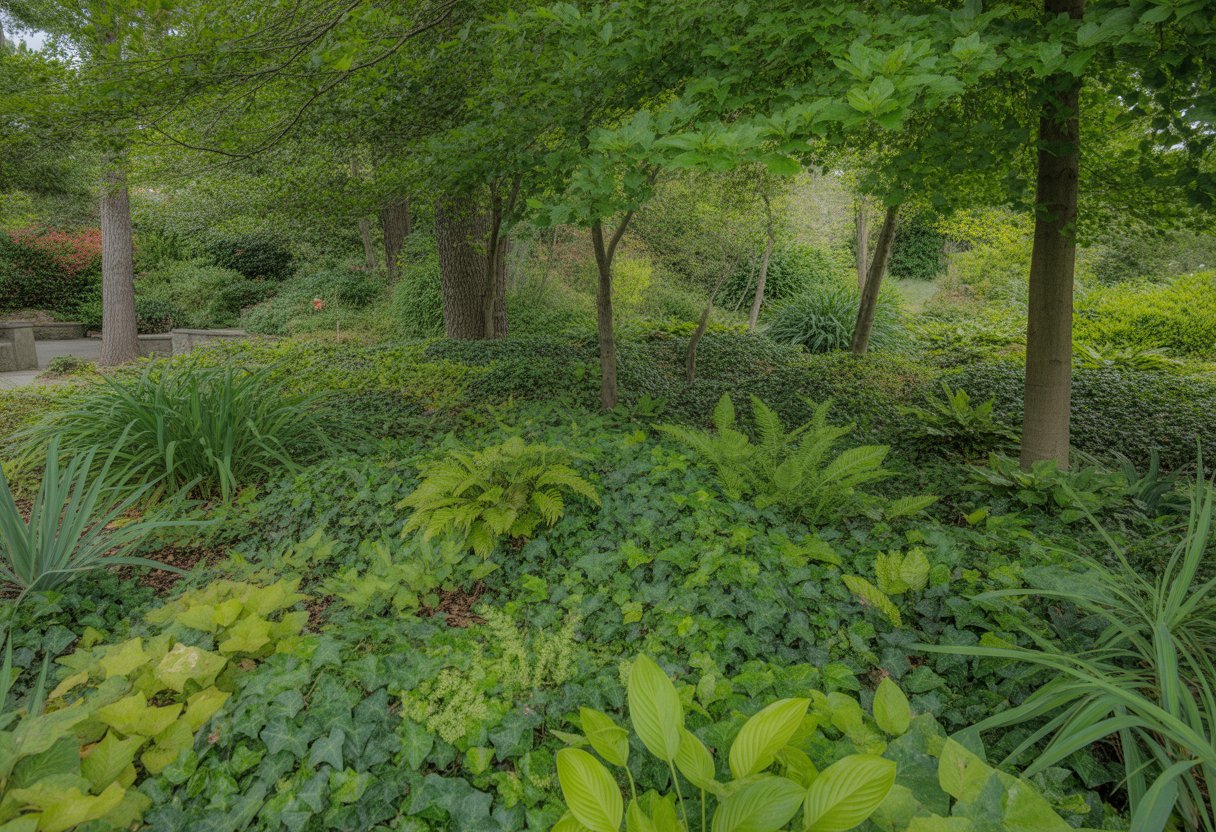 A shaded garden area in North Carolina covered with various green ground cover plants beneath tall trees.
