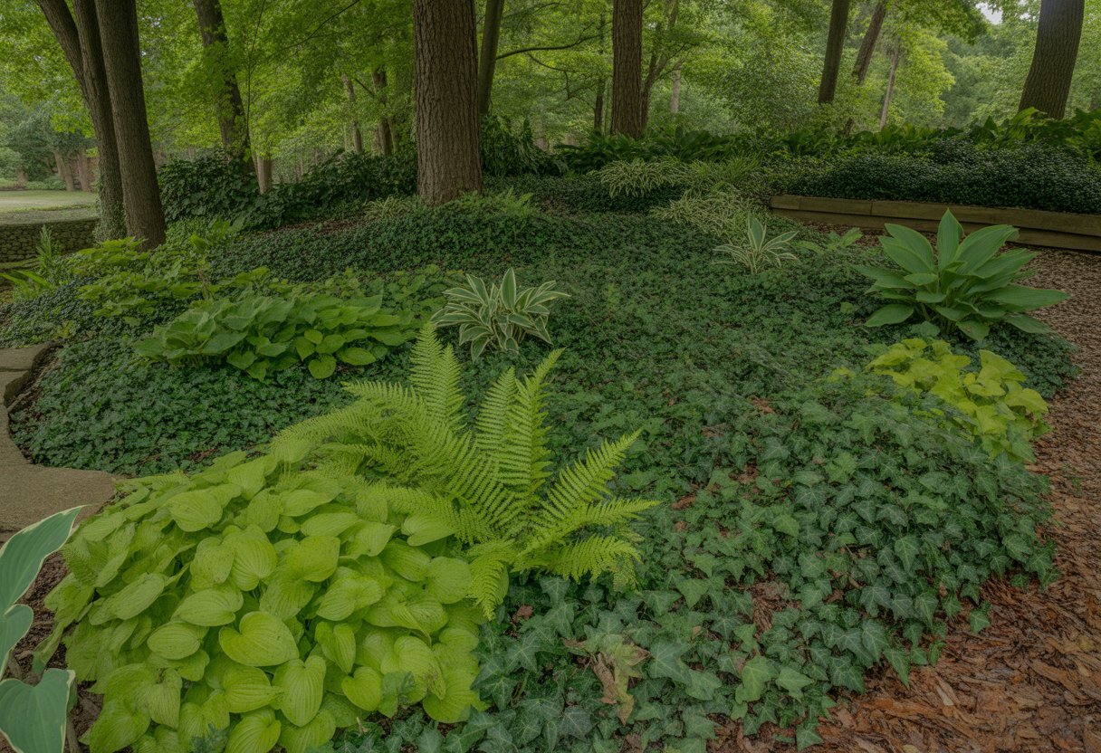 A shaded garden area in North Carolina with dense green ground cover plants like ferns and hostas growing under tall trees.