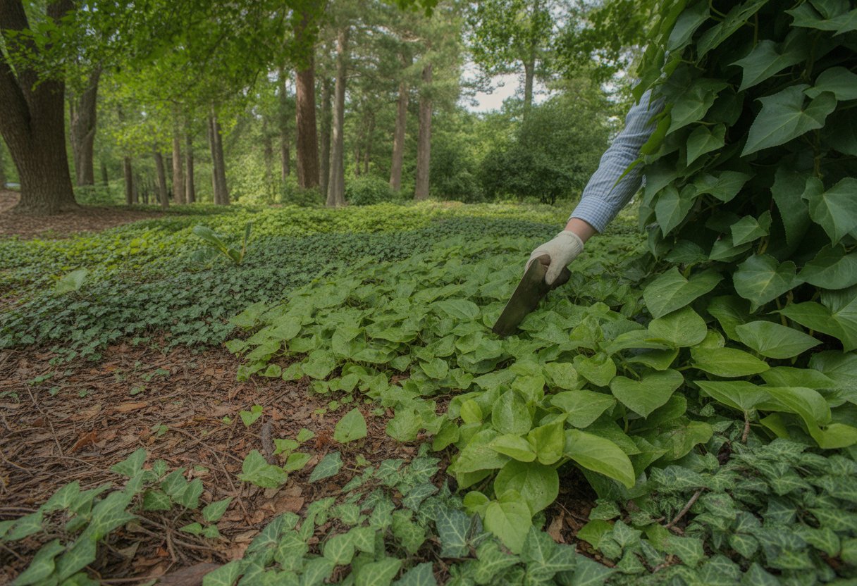 A shaded garden area in North Carolina with dense green ground cover plants growing beneath tall trees, and a gardener's hand tending to the plants.