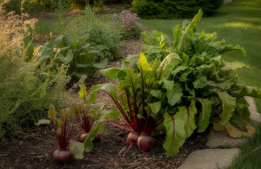A garden bed in Pennsylvania with healthy native beet plants growing in dark soil surrounded by wildflowers and grasses.