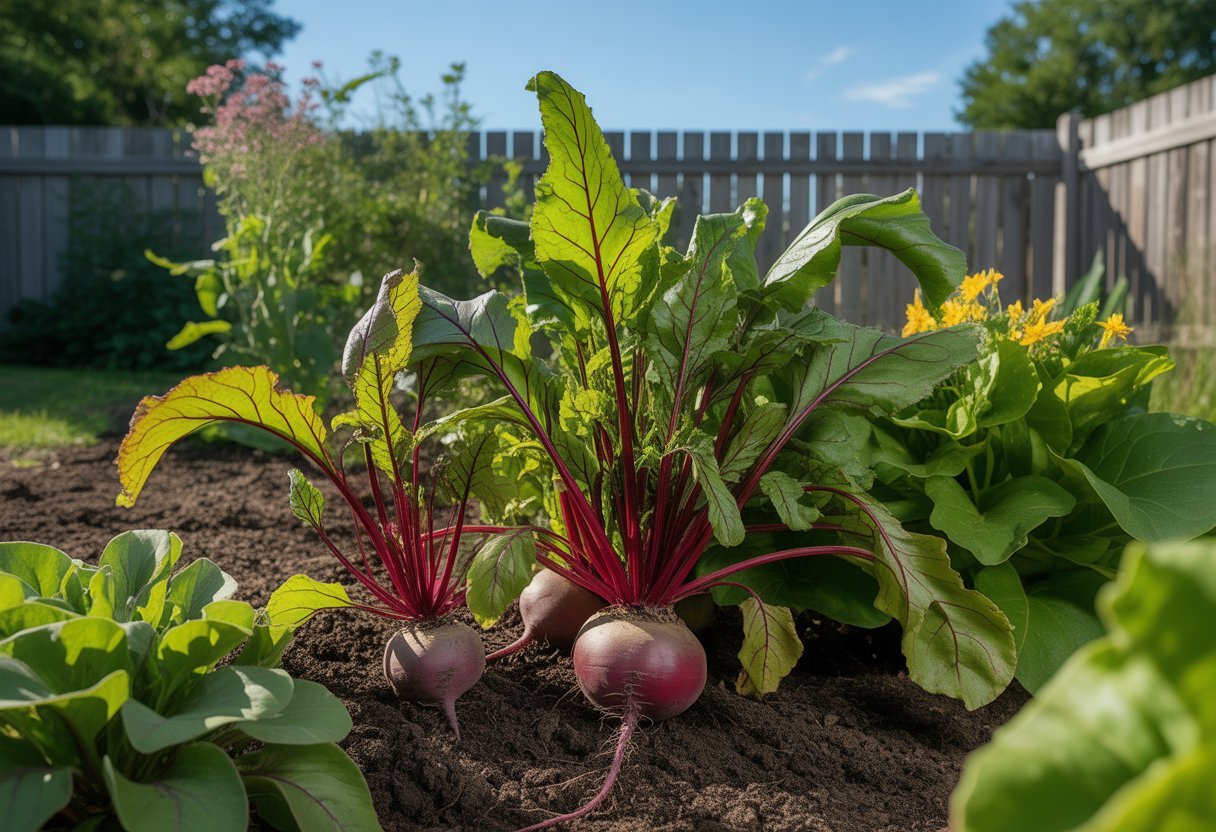 A garden in Pennsylvania with healthy native beet plants growing in soil, surrounded by other native plants and a wooden fence in the background.